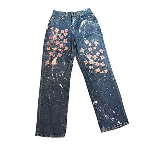 Vintage Riders Jeans Hand Painted Cherry Blossom 28x30 Cinch Back Bohemian Artsy